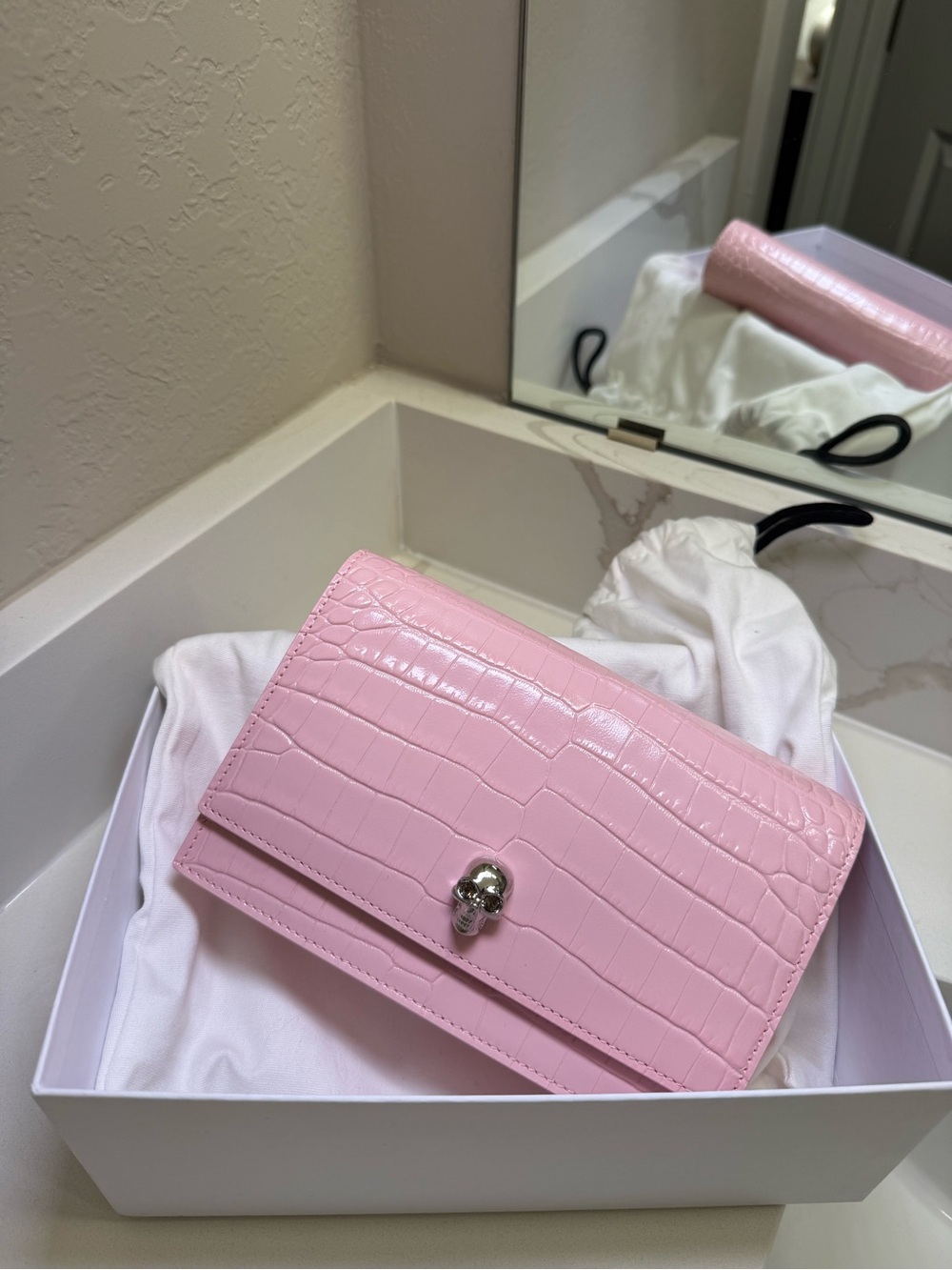 Alexander McQueen Pink Croc-Embossed Crossbody with Silver Clasp - NWT